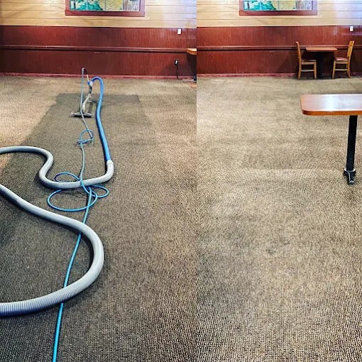 Before and after commercial carpet cleaning in a restaurant by Elite Carpet Care