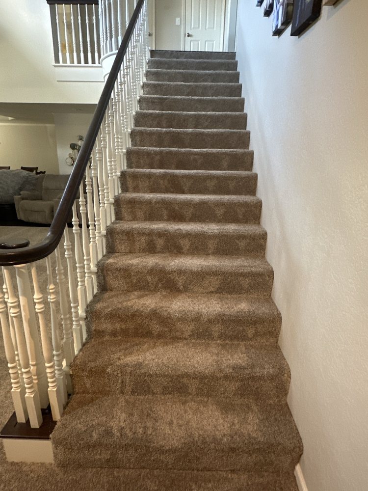 Staircase carpet being cleaned with a hand tool by Elite Carpet Care